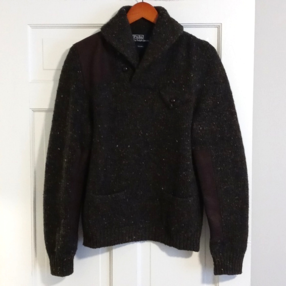 🍁VERY RARE/VTG Polo Ralph Lauren🍁 - Shawl Collar Wool Sweater Leather Details